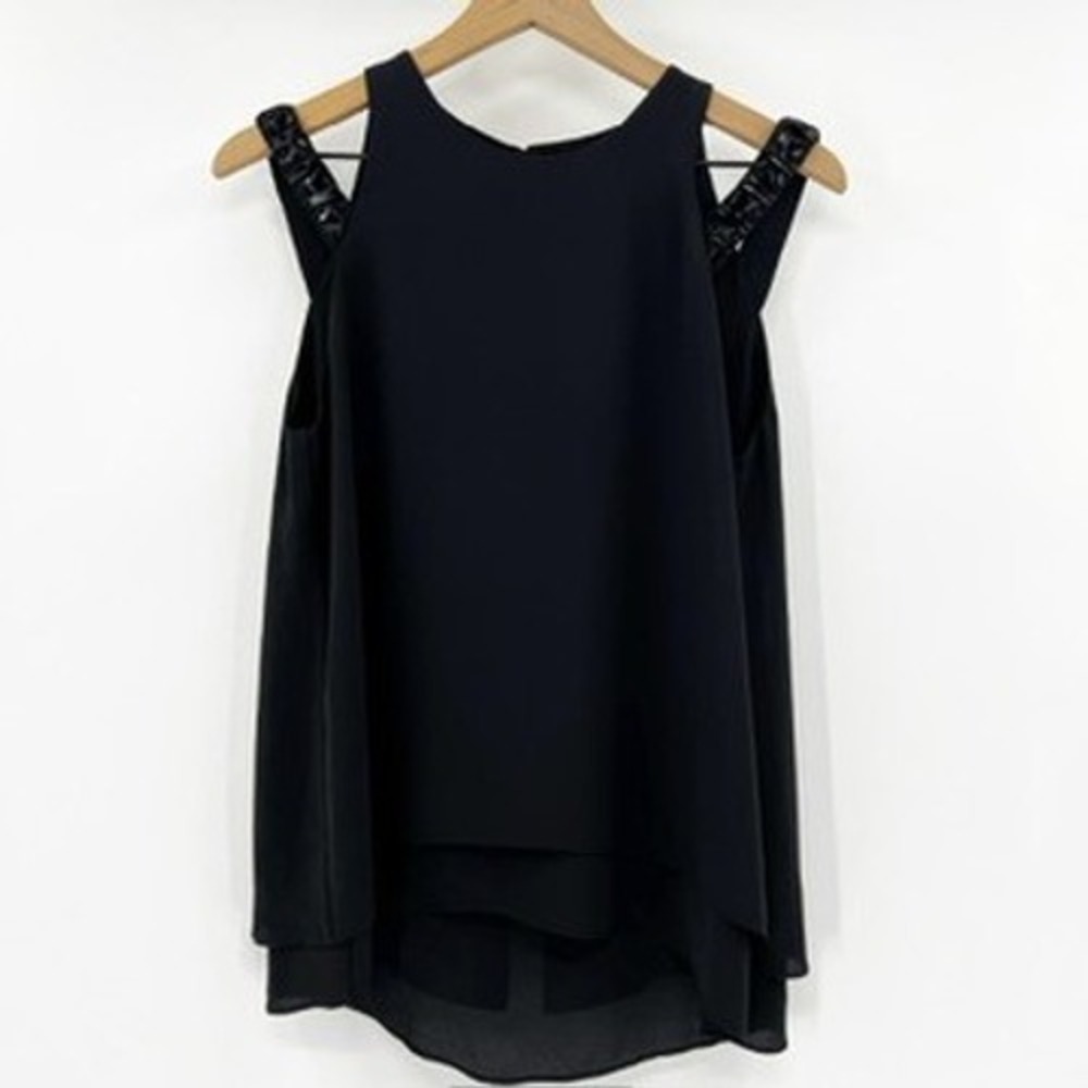 BCBGMAXAZRIA Black Embellished Cold Shoulder Ruffle‎ Hem Top Size S